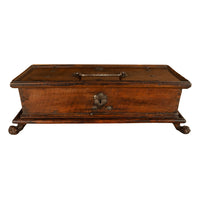Antique Italian Baroque Walnut & Engraved Iron Jewelry Strong Box Cassone 1600