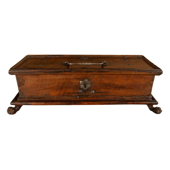 Antique Italian Baroque Walnut & Engraved Iron Jewelry Strong Box Cassone 1600