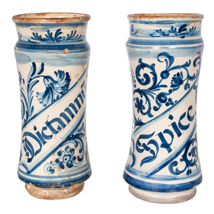 Pair Antique 17th Century Spanish Blue & White Pottery Albarelli Apothecary Jars 1680