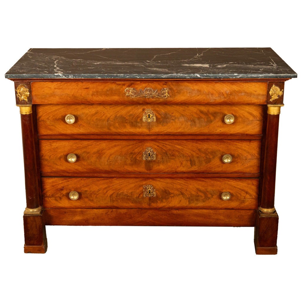 Antique French Empire Mahogany Marble Top Ormolu Commode Chest of Drawers 1810