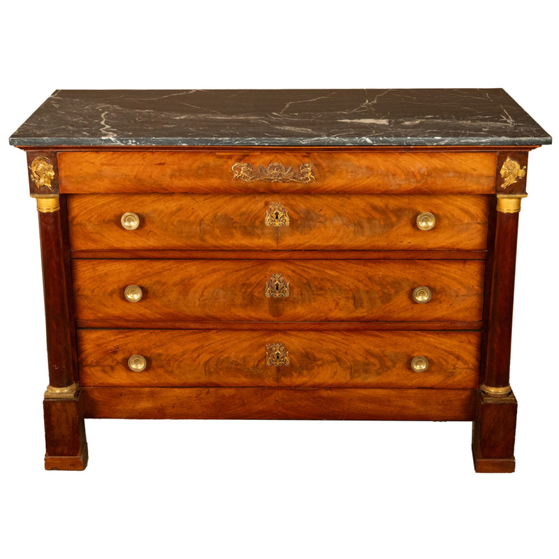 Antique French Empire Mahogany Marble Top Ormolu Commode Chest of Drawers 1810