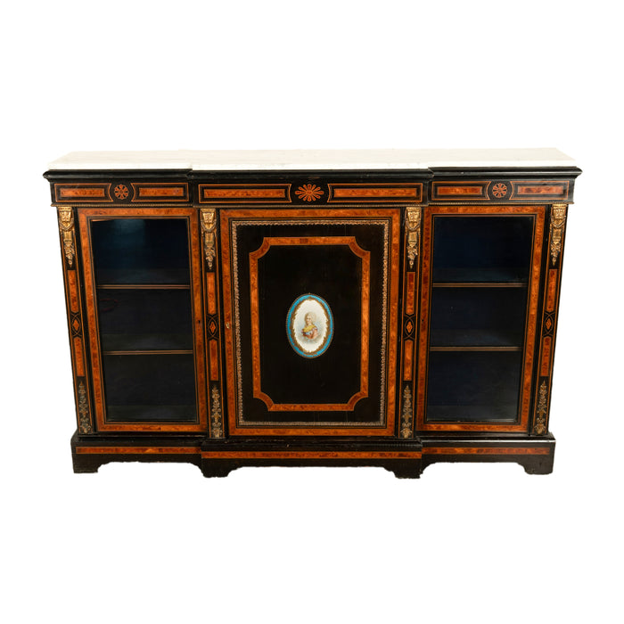 Antique French Napoleon III Ebony Ormolu Marble Sevres Porcelain Inlaid Credenza Cabinet 1860