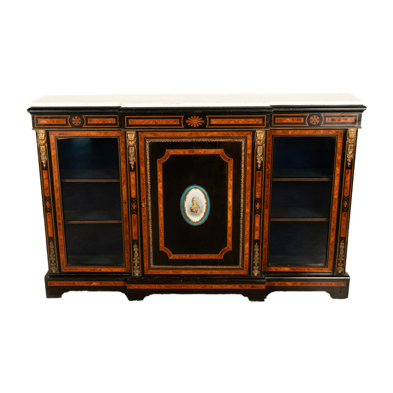 Antique French Napoleon III Ebony Ormolu Marble Sevres Porcelain Credenza 1860