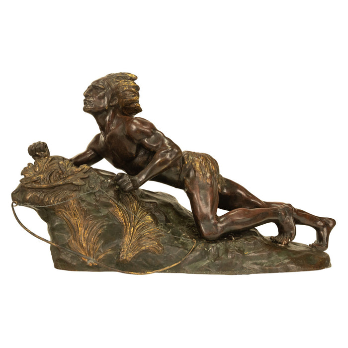 Antique French Art Deco Bronze Sculpture Native American Indian Hunter Scout by René-André Varnier, Circa 1920