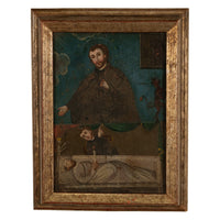 Antique 18thC Spanish Colonial Icon Painting Retablo St. Camillus & Christ 1760