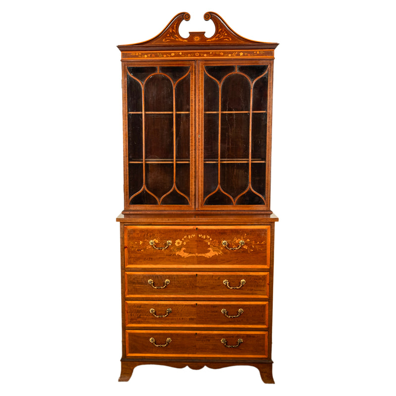 Antique Georgian Sheraton Marquetry Mahogany Bureau Bookcase Butler's Secretary Circa 1810