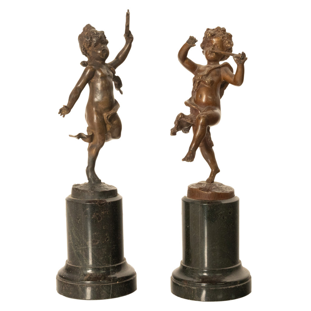 Pair Antique French Bronze Marble Putti Dancing Musicians Statues Sculpture 1860