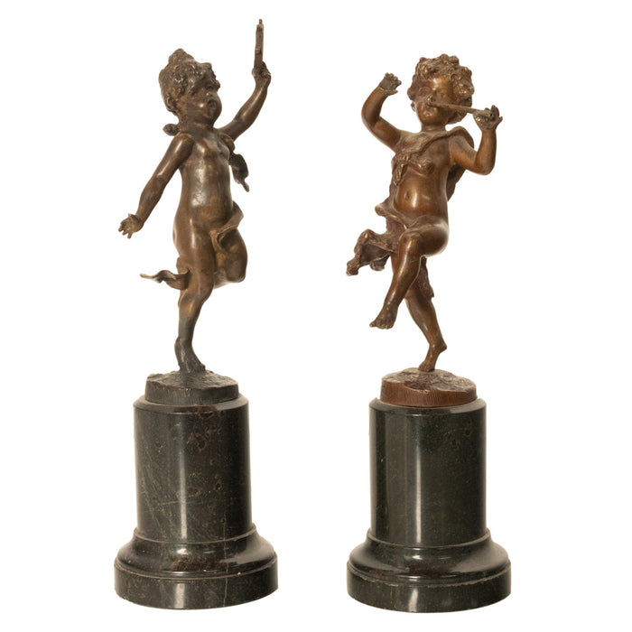 Pair Antique French Bronze Marble Putti Dancing Musicians Statues Sculpture 1860