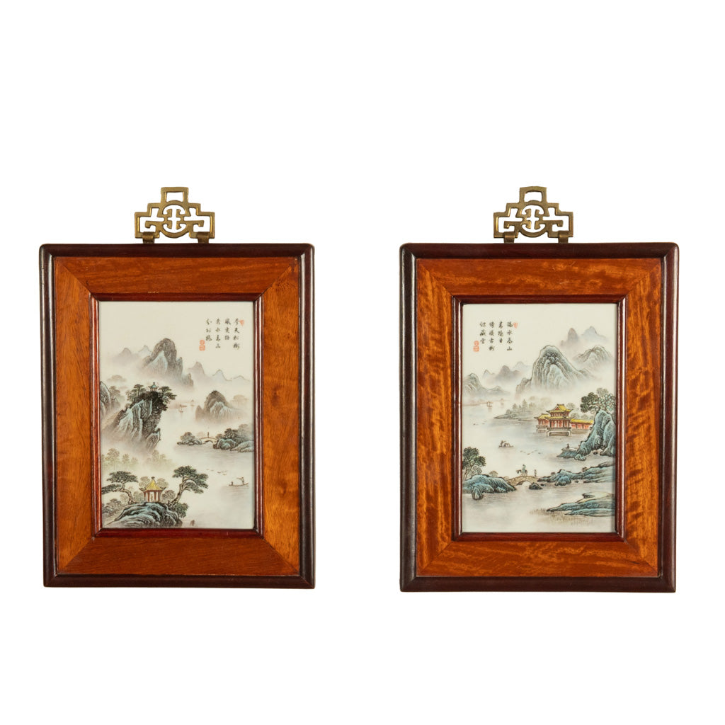 Pair Antique Chinese Republic Period Hand Painted Porcelain Hongmu Plaques 1920