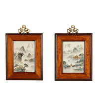 Pair Antique Chinese Republic Period Hand Painted Porcelain Hongmu Plaques 1920
