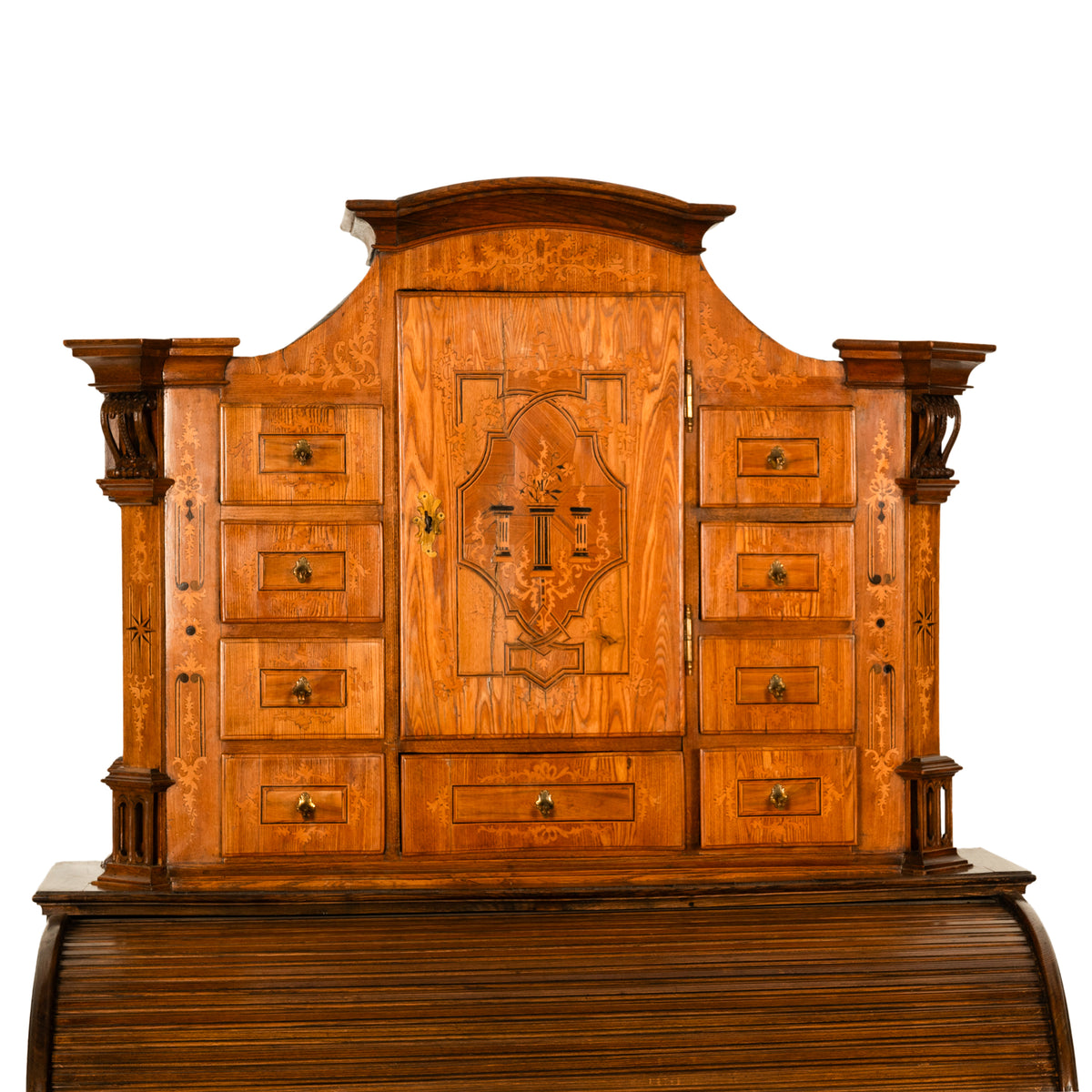 Antique Austrian Baroque Biedermeier Marquetry Roll Top Tabernacle Cabinet Desk Circa 1820