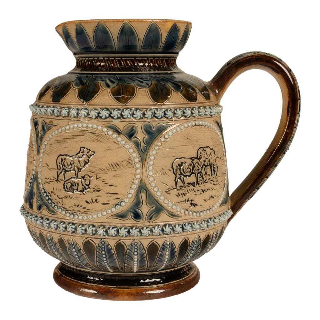 Antique Aesthetic Movement Doulton Lambeth Hannah Barlow Stoneware Jug Sheep, 1873
