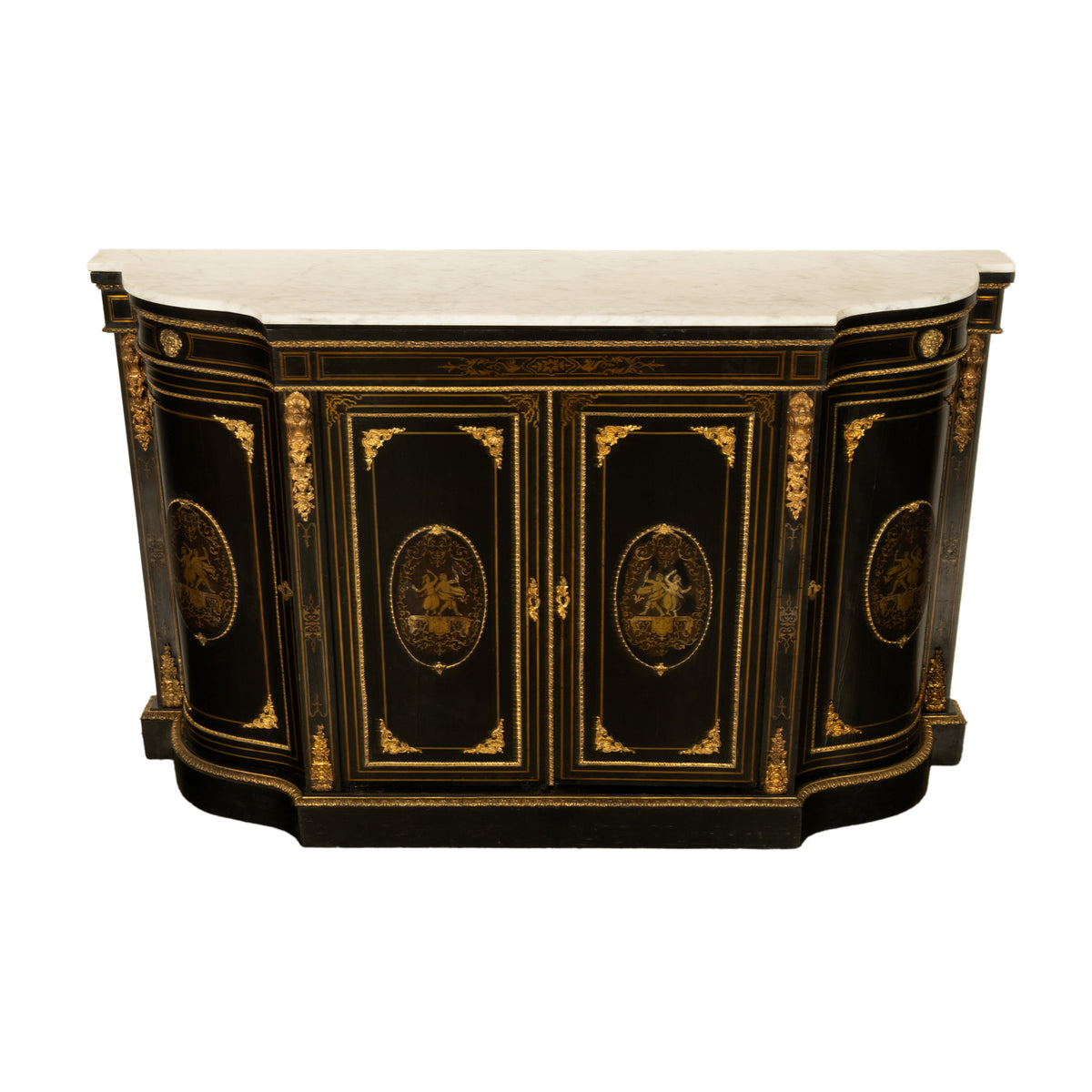 19th Century French Napoleon III Ormolu & Marble Ebonized Cabinet Sideboard 1860