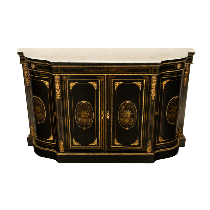19th Century French Napoleon III Ormolu & Marble Ebonized Cabinet Sideboard 1860