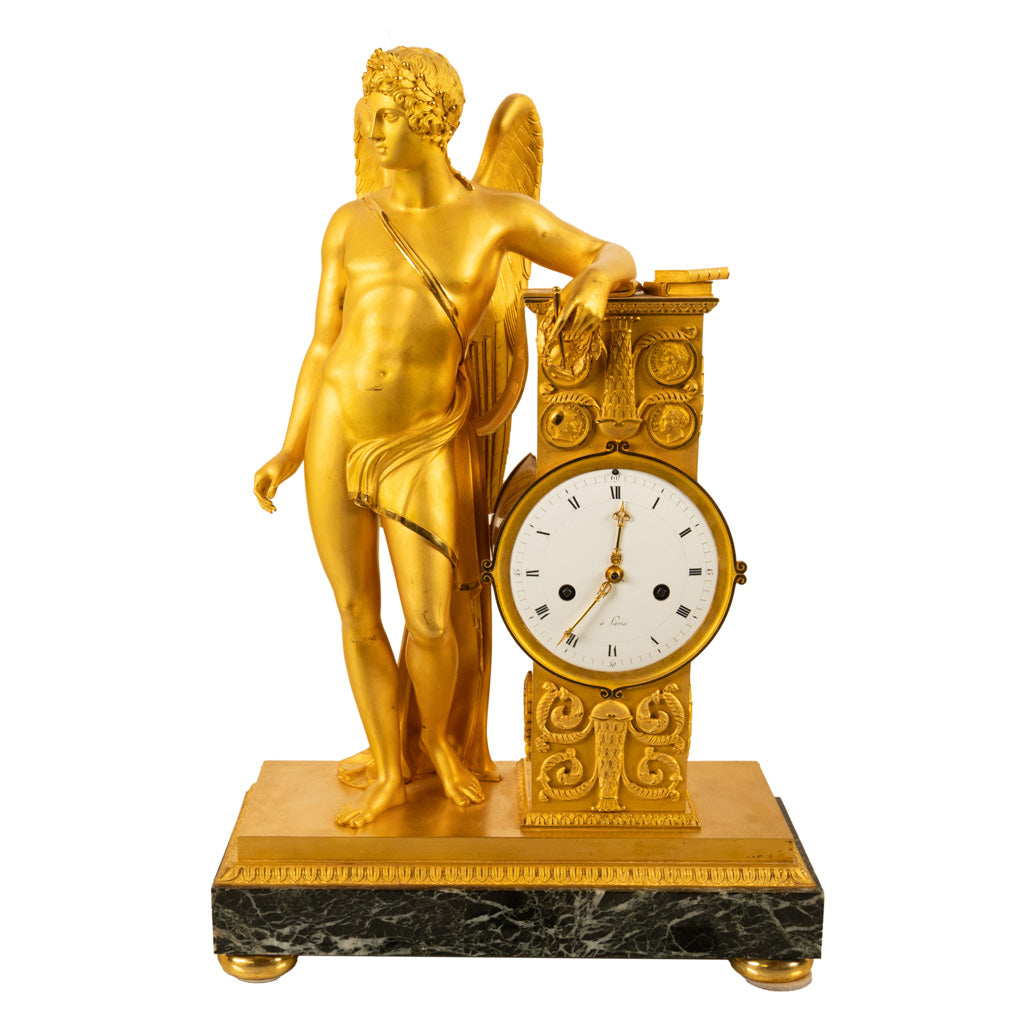 Antique French Gilt Bronze Empire Neoclassical Statue Clock by Rabiat Paris 1810