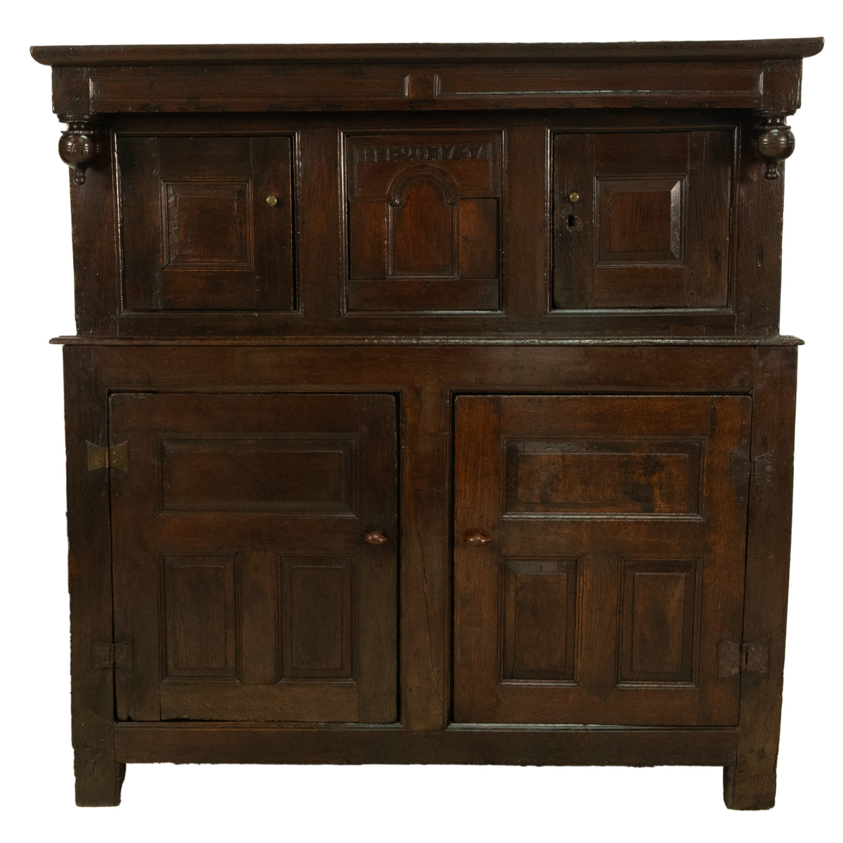 Antique Early 18th Century Welsh English Deuddarn Carved Oak Court Cupboard 1737