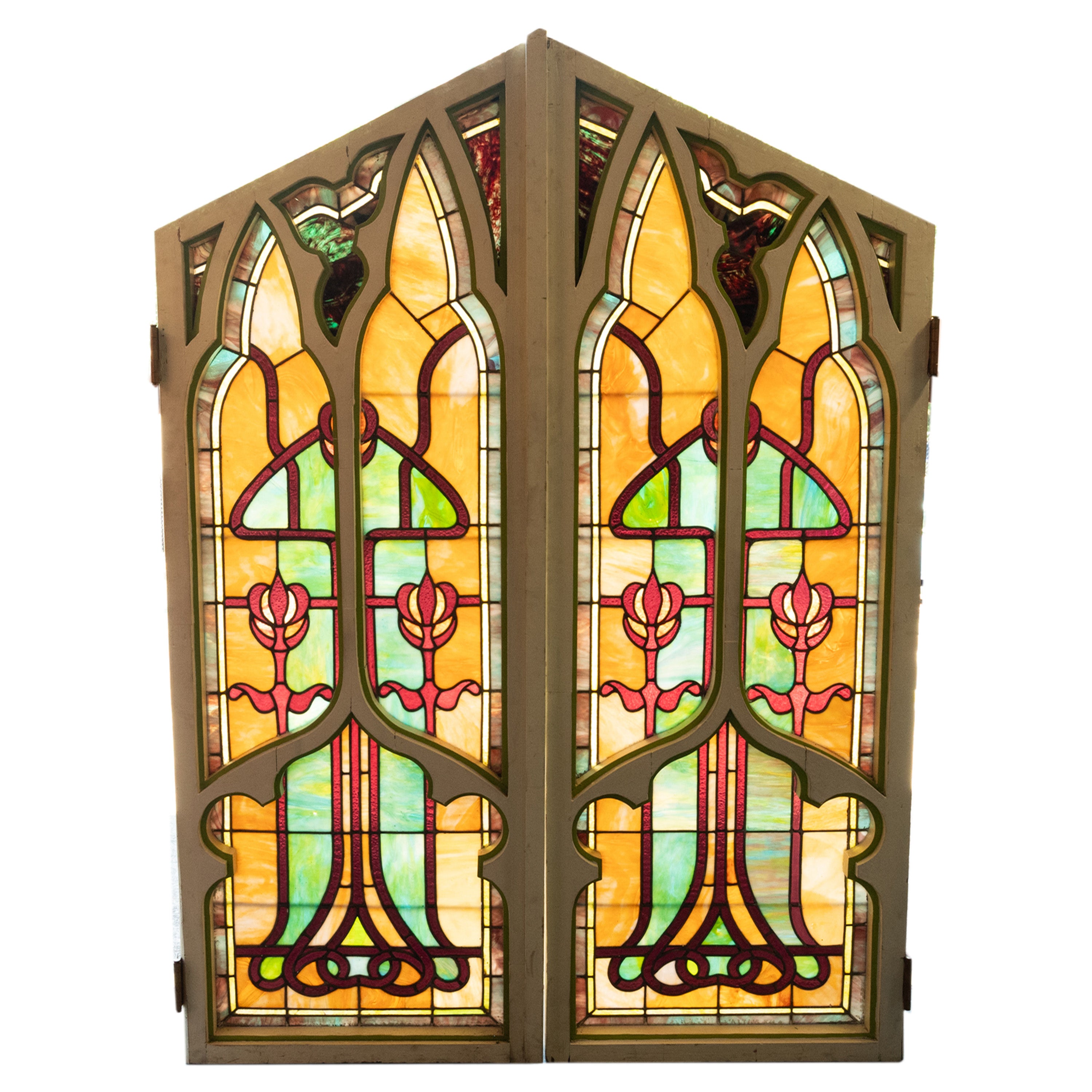 Pair Antique American Stained Glass Gothic Art Nouveau Doors