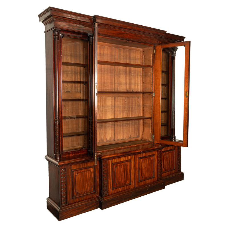 Monumental Antique Irish Carved Mahogany Breakfront Bookcase Bibliotheque 1850