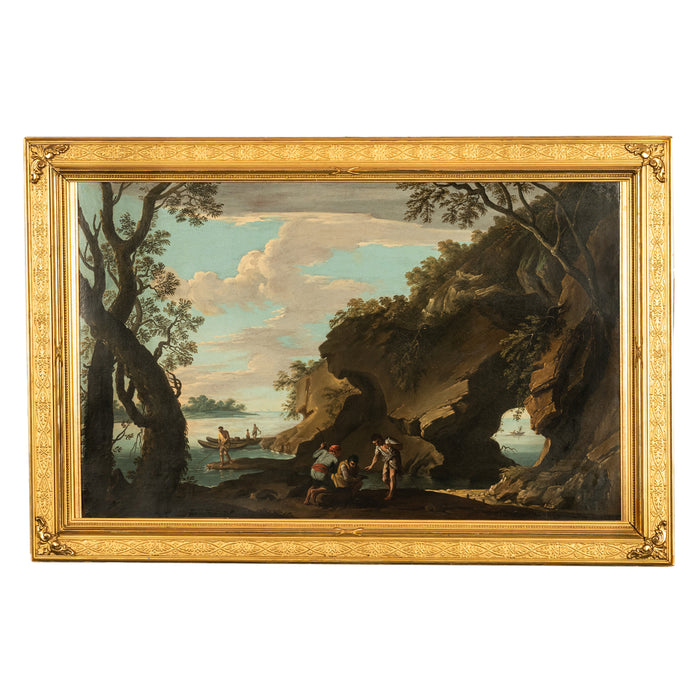 Italian 17th Century Baroque Oil on Canvas Painting Coastal Landscape Fishermen, Attributed to Salvator Rosa Circa 1650