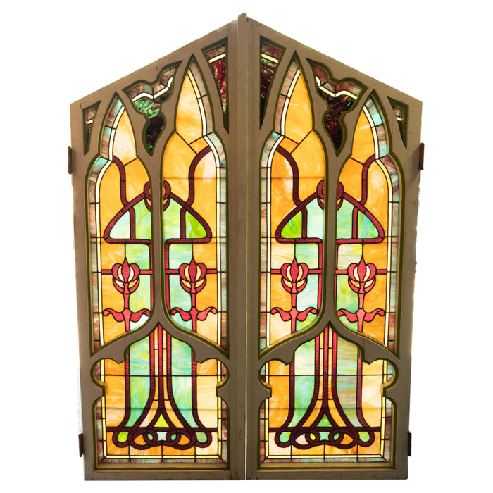 Pair Antique American Stained Glass Gothic Art Nouveau Doors Windows Povey Bros Circa 1900