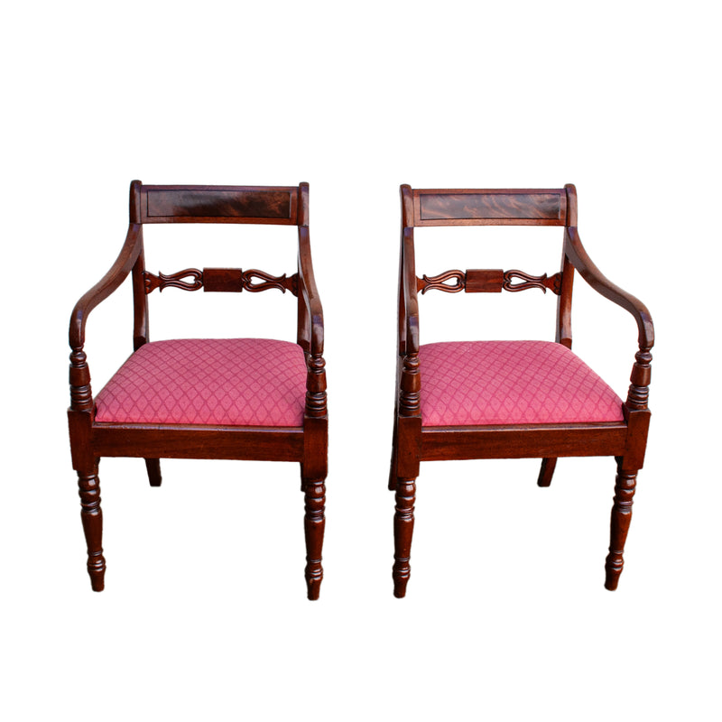 Antique Set Eight Georgian Regency Flame Mahogany Dining Chairs Armchairs 1820