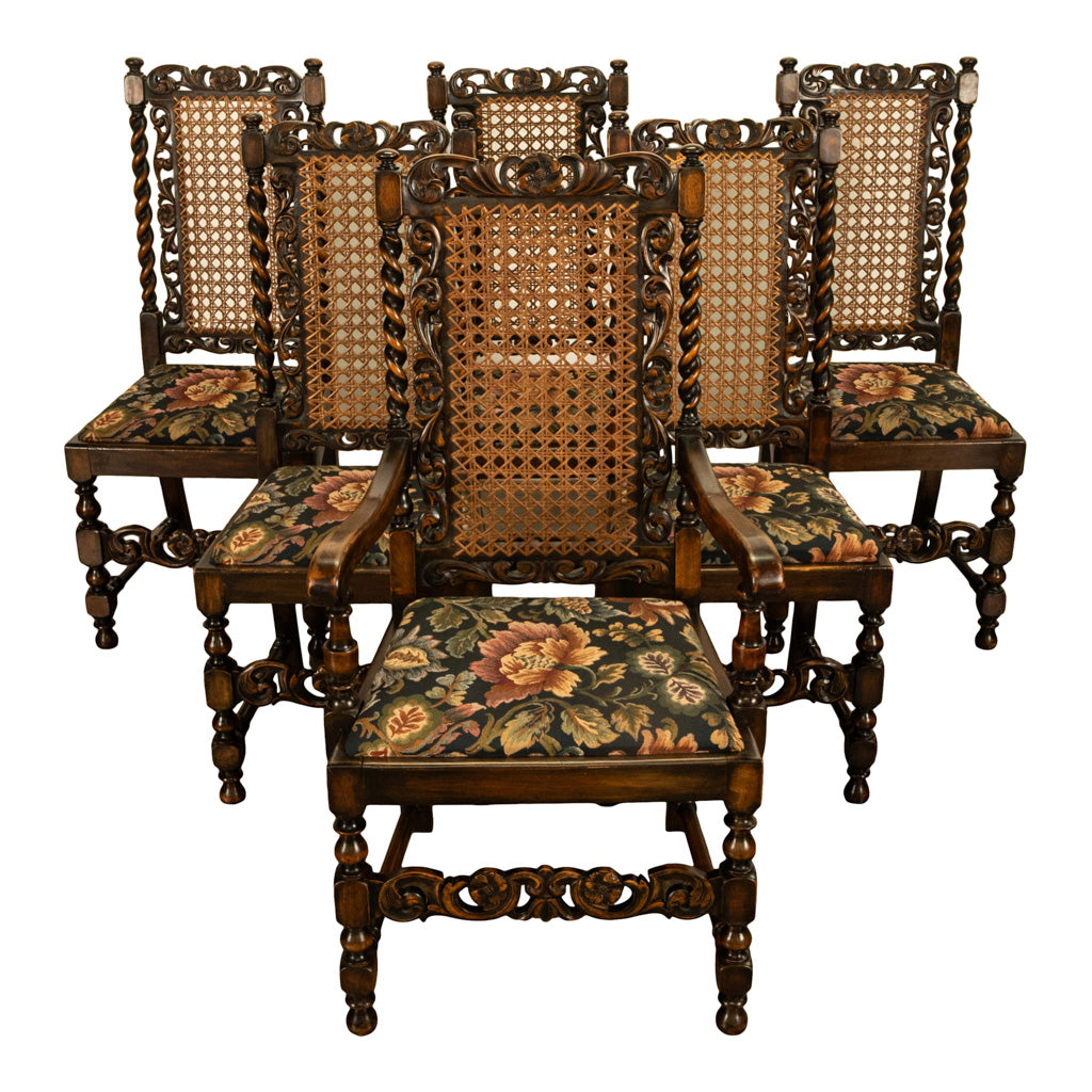 Antique 19thC Set 6 Carved Caned Jacobean Barley Twist Walnut Dining Chairs 1870