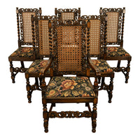 Antique 19thC Set 6 Carved Caned Jacobean Barley Twist Walnut Dining Chairs 1870