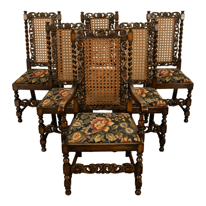 Antique 19thC Set 6 Carved Caned Jacobean Barley Twist Walnut Dining Chairs 1870