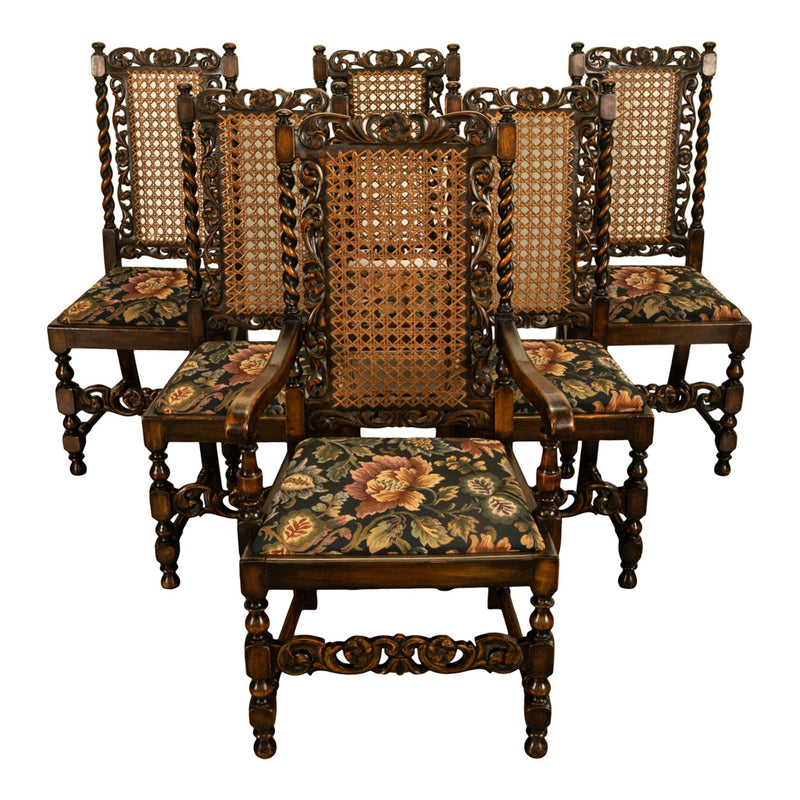 Antique 19thC Set 6 Carved Caned Jacobean Barley Twist Walnut Dining Chairs 1870