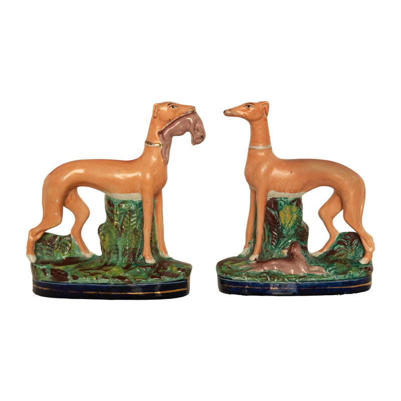 Antique 19thC Pair of Staffordshire Whippets Greyhounds Hunting Dog Figures 1860