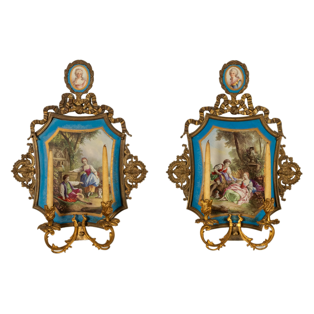 Pair Antique French Sevres Porcelain Portrait Miniatures Ormolu Wall Sconces Candle Lights 1880