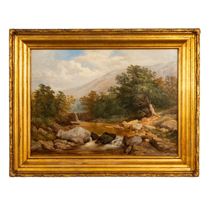 Large Antique English 19thC Oil Painting River Lyn Landscape Barnstaple Devon by Albert Lane, 1860