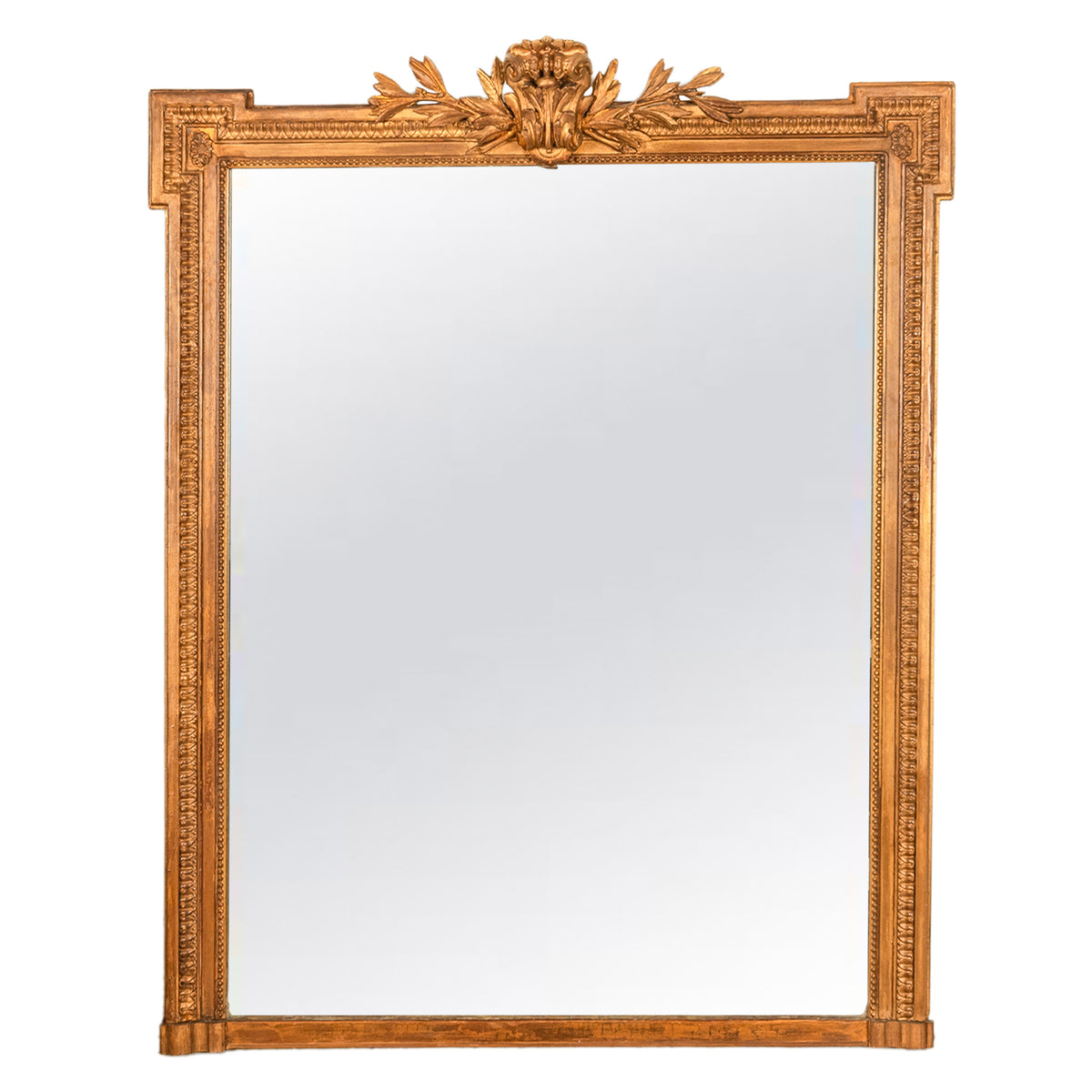 Large Antique 19th Century French Louis XVI Giltwood Crested Wall Mirror 1850