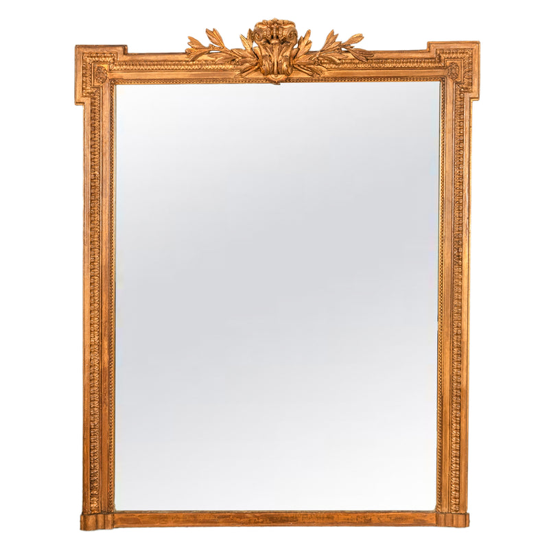 Large Antique 19th Century French Louis XVI Giltwood Crested Wall Mirror 1850