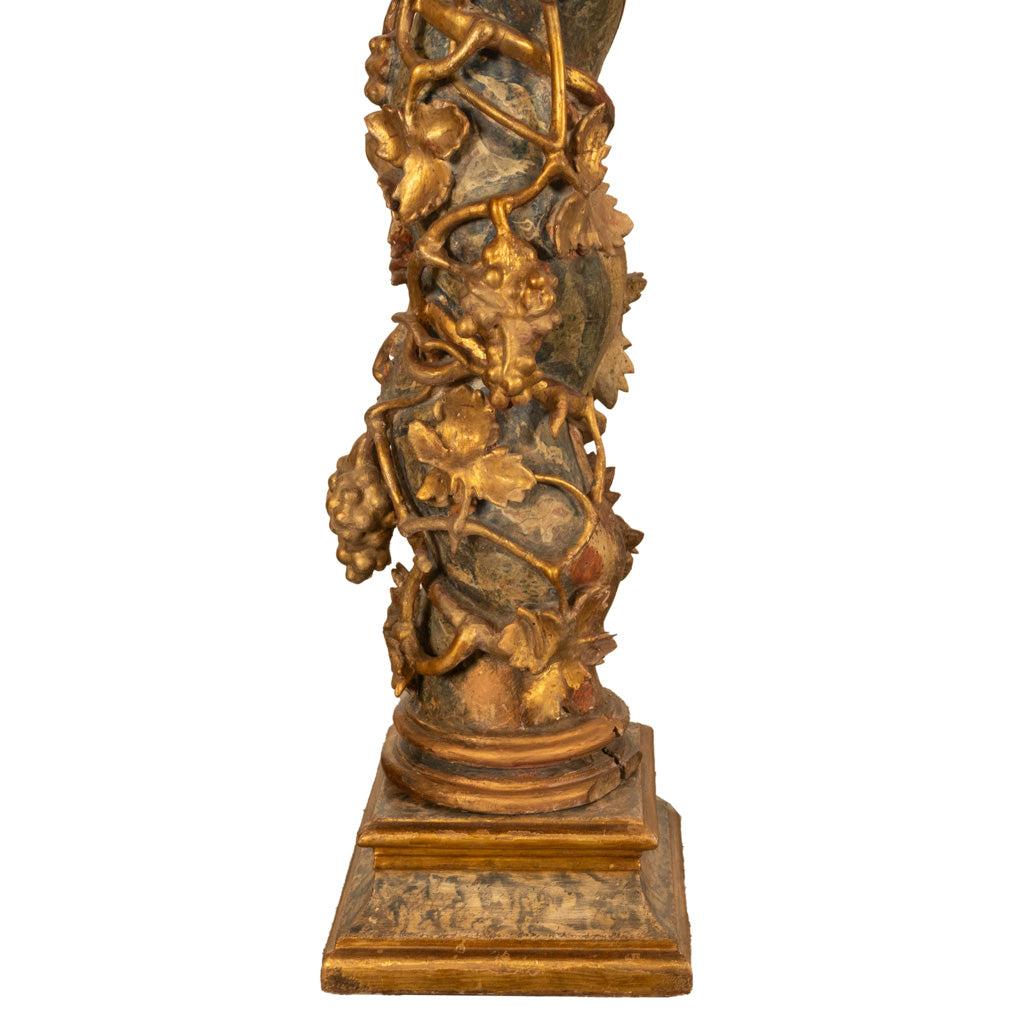 Antique Pair 17th Century Baroque Carved & Gilded Solomonic Columns Italy 1680