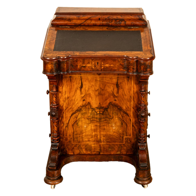 Fine Antique Burl Walnut Inlaid Marquetry Carved Davenport Secretary Desk 1860