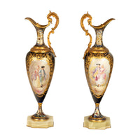 Pair Antique French Sevres Porcelain & Champleve, Ormolu Ewers Signed Rochette Circa 1890