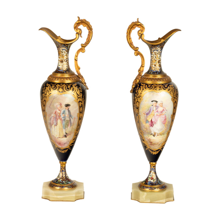 Pair Antique French Sevres Porcelain & Champleve, Ormolu Ewers Signed Rochette Circa 1890