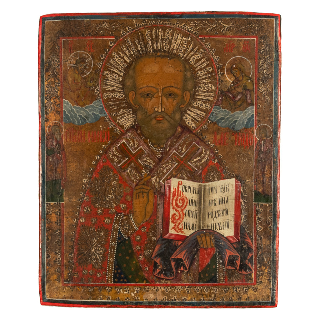 Antique 19thC Russian Orthodox Egg Tempera Painted Icon St Nicholas of Myra 1820