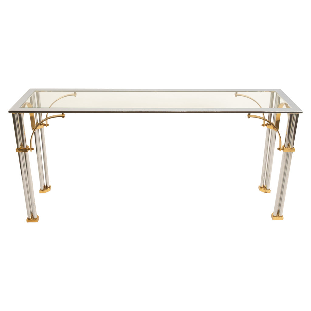 Mid Century Modern Chrome & Brass Glass Console Sofa Table by John Vesey 1960s