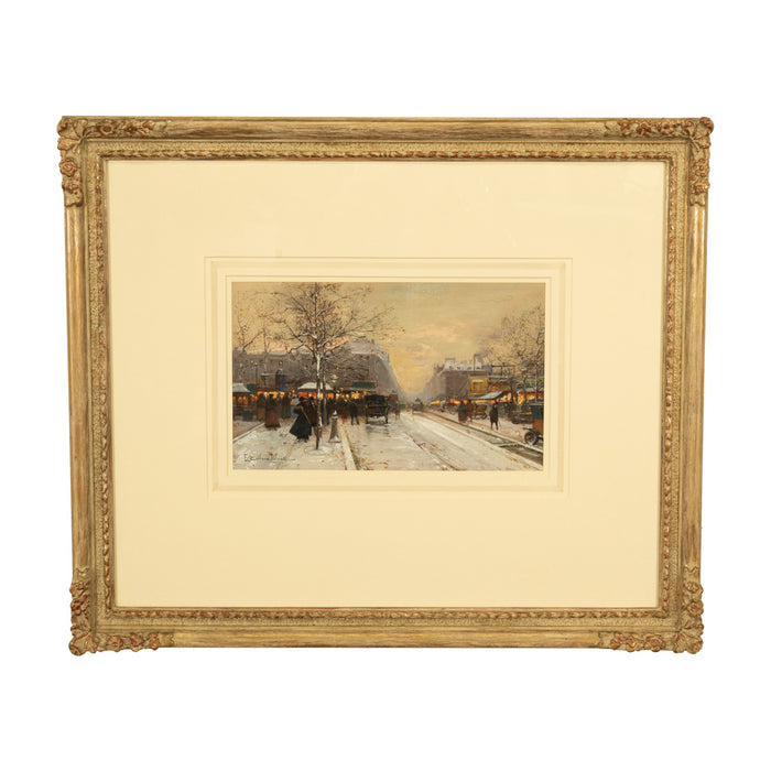French Impressionist Painting Winter Landscape Scene "Foire de Montmartre" Paris by Eugene Galien-Laloue, 1900