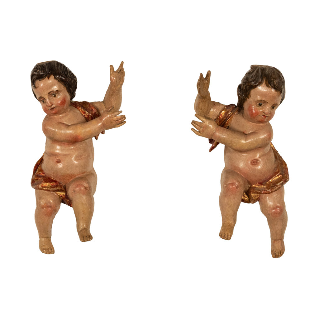 Pair Antique 18thC Italian Baroque Carved Polychrome Putti Angels Statues 1700