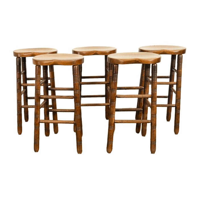 Antique Set of Five Antique Arts & Crafts Turned Elm Bar Sadle Seat Stools 1900