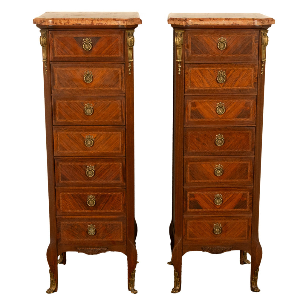 Pair Antique French Semainier Ormolu Inlaid Lingerie Marble Chests Dressers 1900