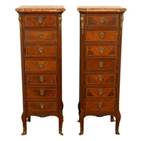 Pair Antique French Semainier Ormolu Inlaid Lingerie Marble Chests Dressers 1900