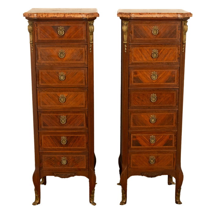 Pair Antique French Semainier Ormolu Inlaid Lingerie Marble Chests Dressers 1900