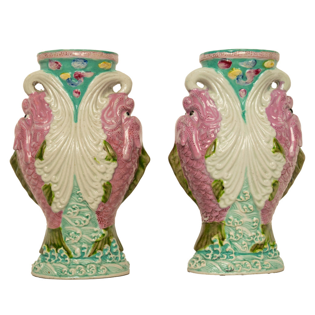 Pair Antique Chinese Qing Dynasty Wucai Glaze Porcelain Double Dragon Fish Vases, 1890