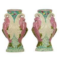 Pair Antique Chinese Qing Dynasty Wucai Glaze Porcelain Double Dragon Fish Vases, 1890