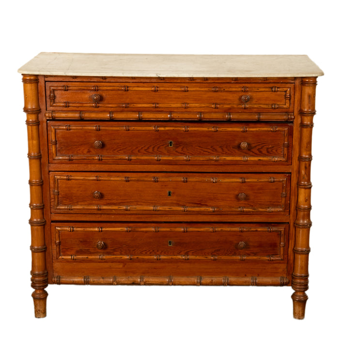 Antique 19th Century French Faux Bamboo Pine White Marble Chest Drawers Commode Circa 1880