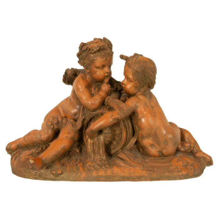 Antique 19thC French Naturalism Terracotta Sculpture "La Source" Putti Sculpture by Albert-Ernest Carrier-Belleuse,1864